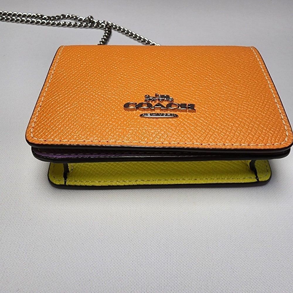 NWT Coach CL464 Mini Purse Wallet on Chain Colorblock Neon Iris Mandarin Yellow